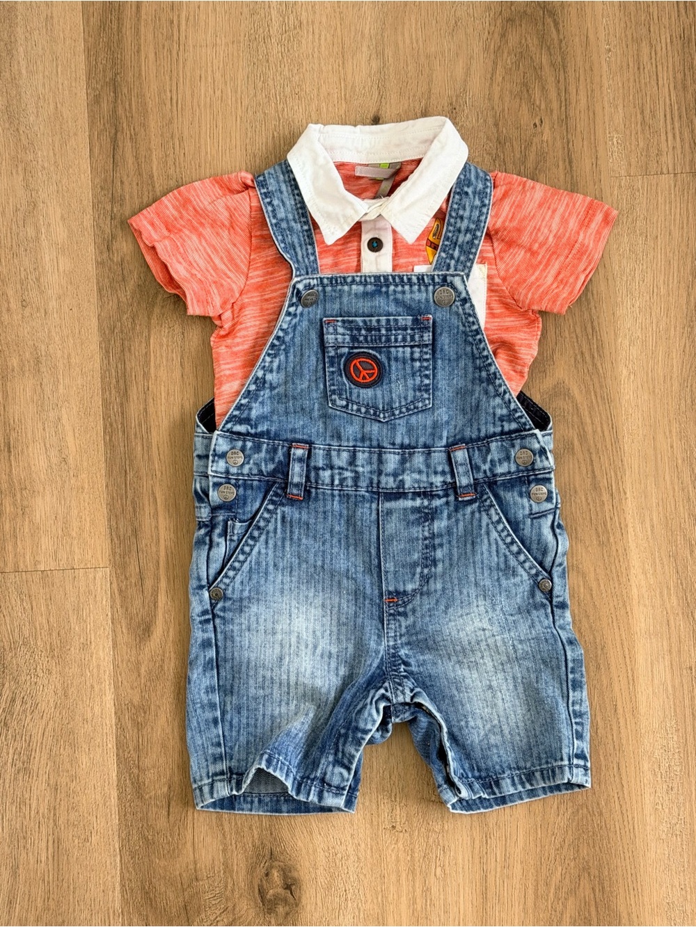 Baby 6 Month Boy Orchestra Denim Short Overalls with Reddish Orange Polo